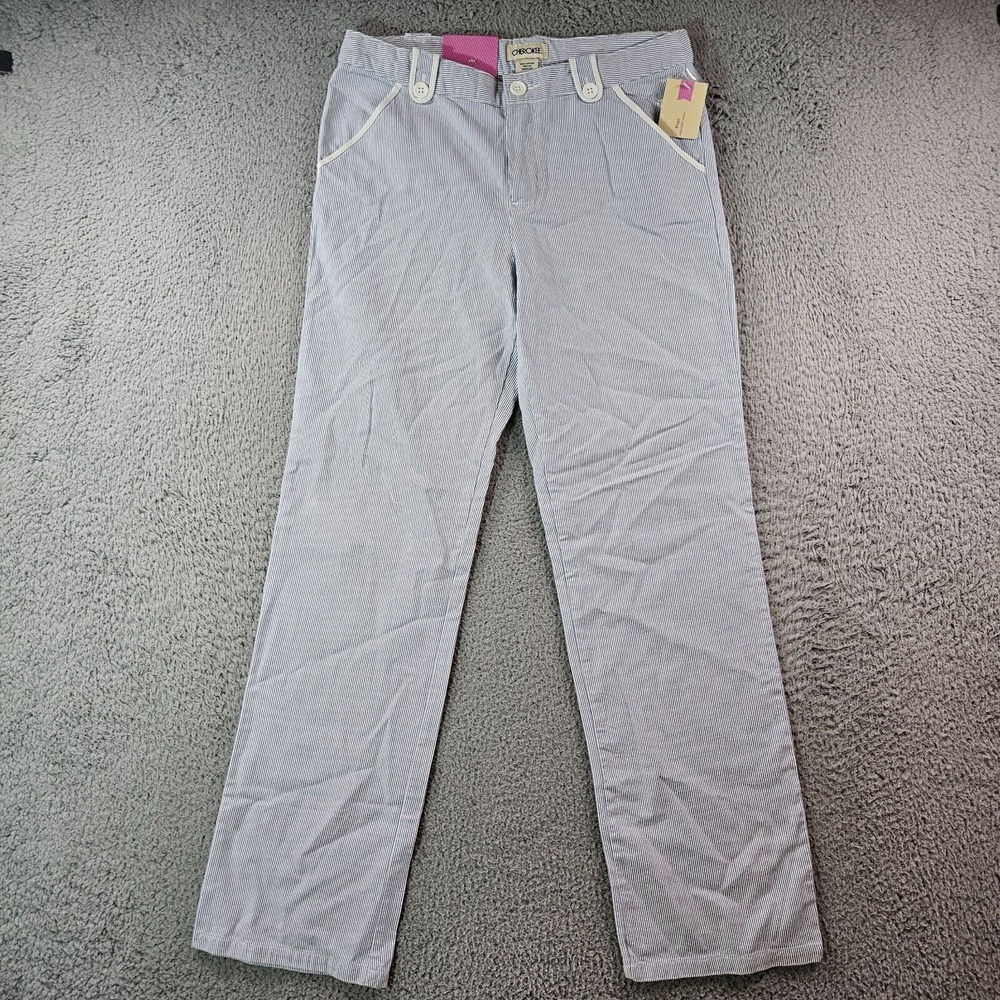 NWT Cherokee Pants Women Size 16 30x30 Adjustable Waist Blue White Striped